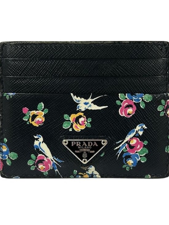 Prada Handbags - Prada Card Case Black Blue Multi Floral Pattern Leather